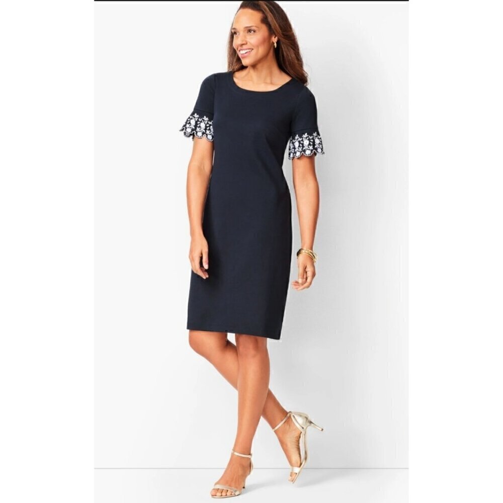 Talbots Navy Blue Embroidered Sleeve Shift Mini Dress Size 2XP Pullover Cotton - Picture 6 of 11